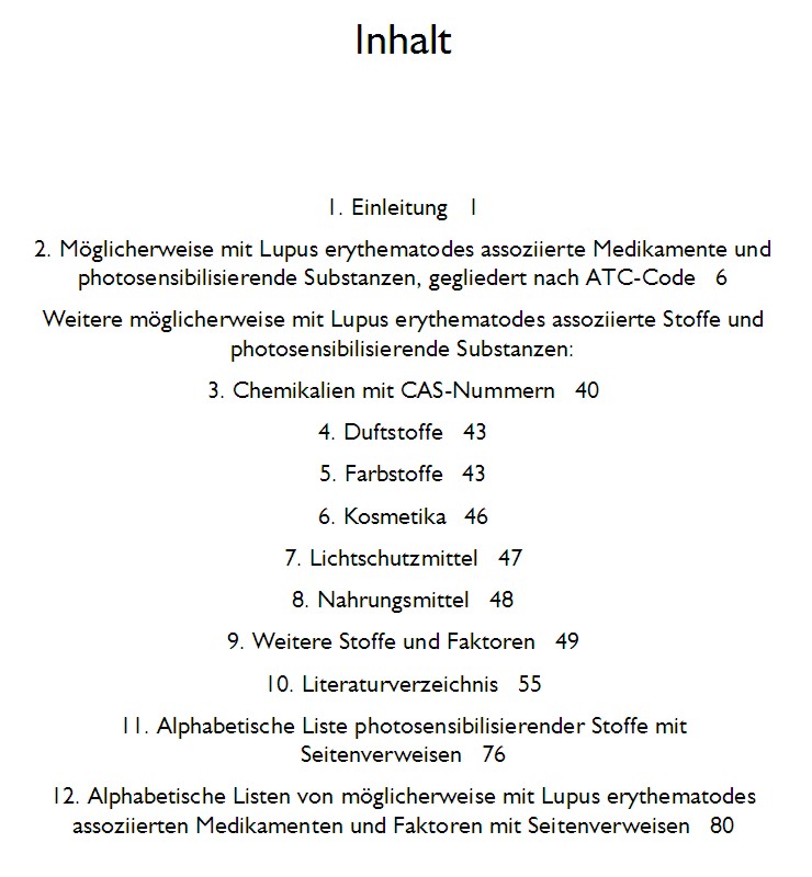 Liste schubauslsender Medikamente bei Lupus erythematodes, Inhaltsverzeichnis